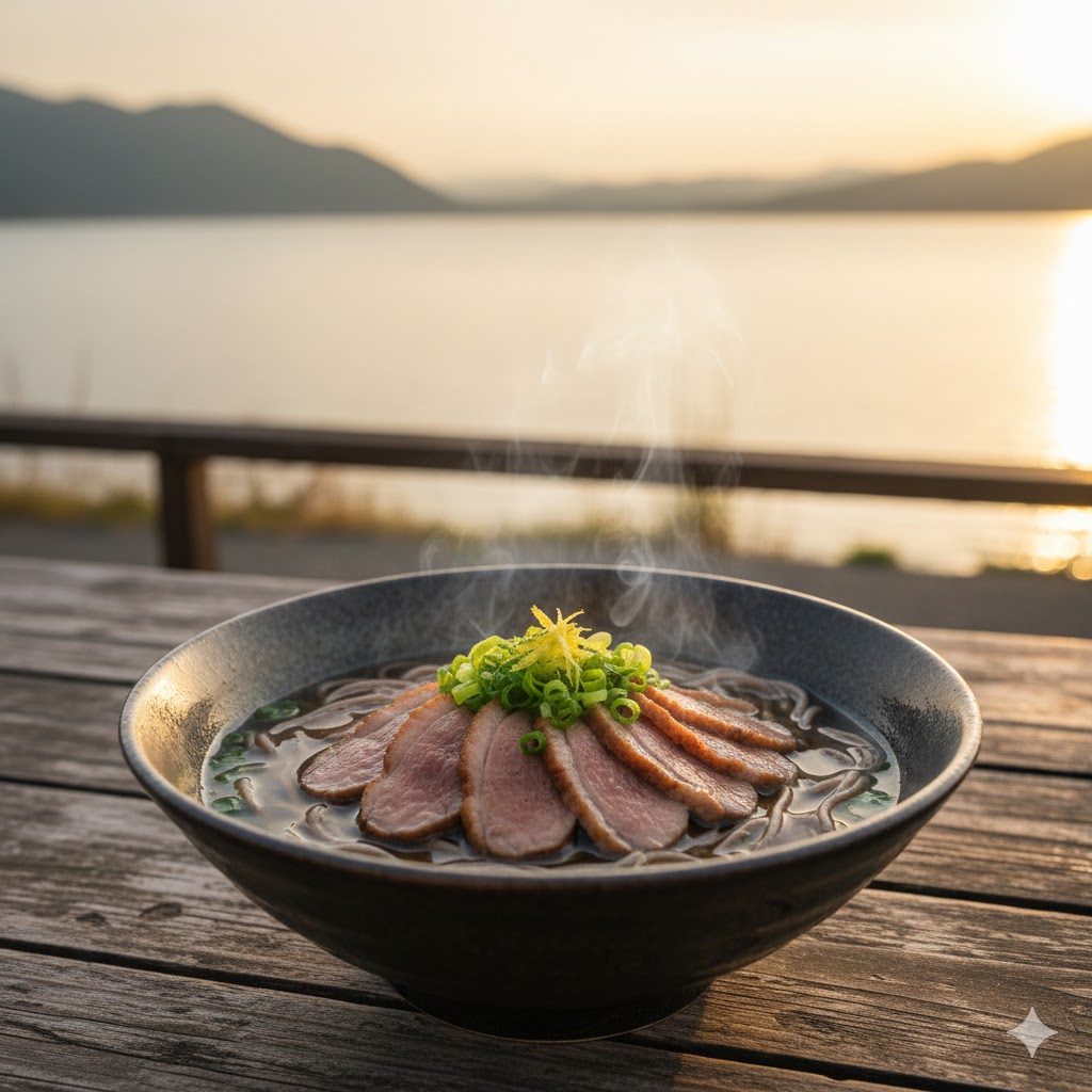 鴨そばと滋賀の琵琶湖イメージ画像
