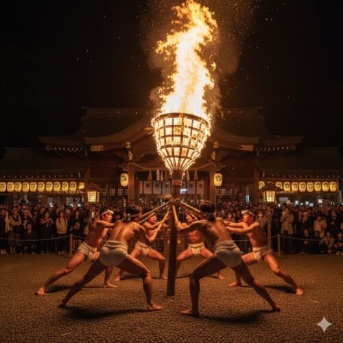 勝部神社の火祭りとふんどしの若者画像