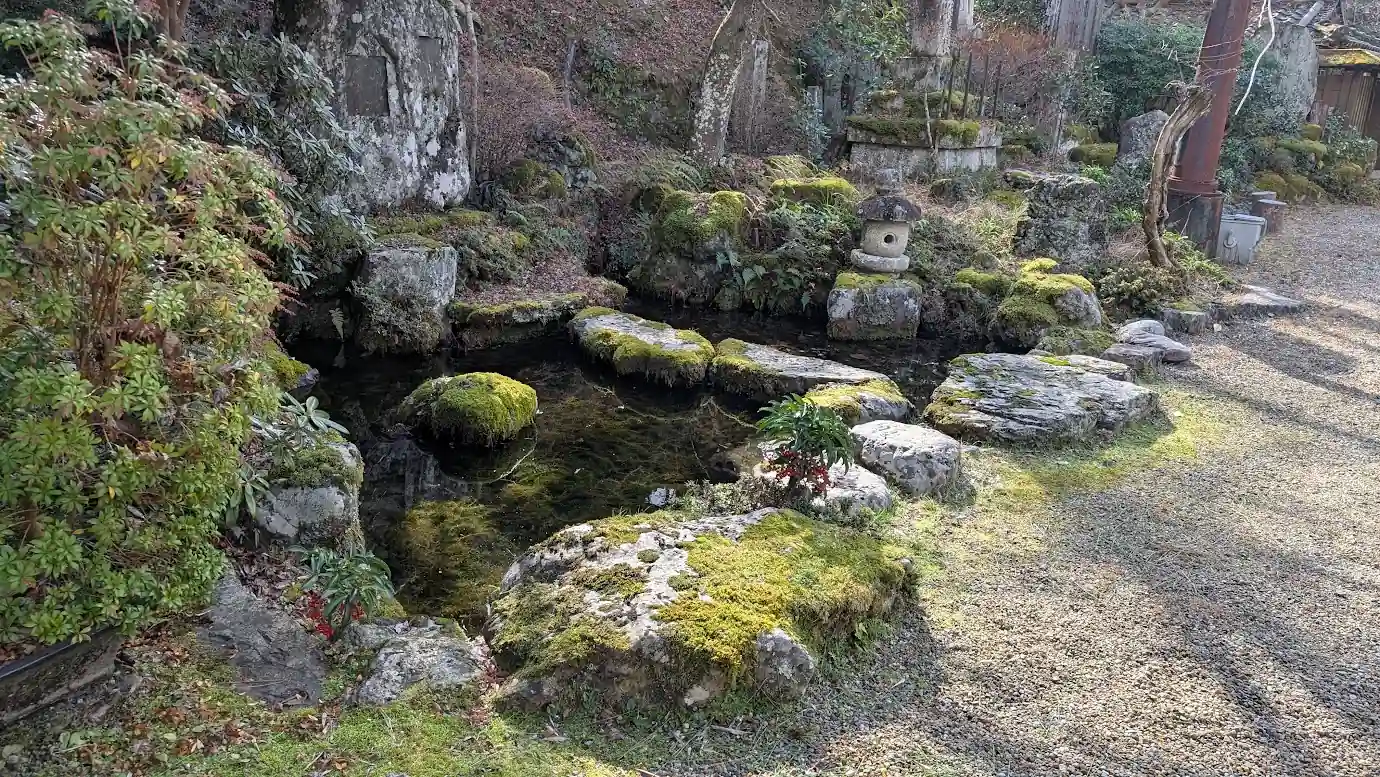 竹林院群芳園の庭園内にある、美しい緑の苔に覆われた石組みと、冬の澄んだ空気を映し出す静かな池の風景