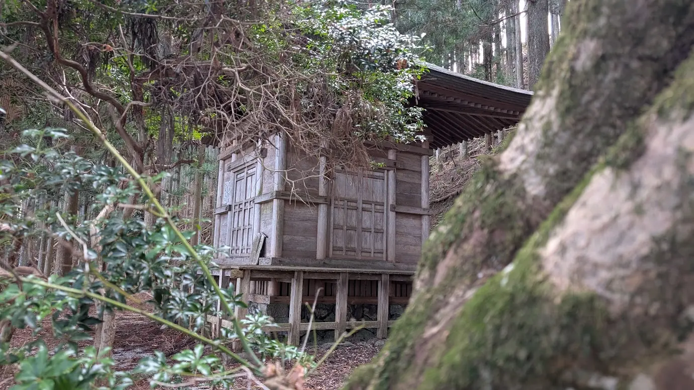 杉の巨木に囲まれた、質素ながら力強い造りの源義経「隠れ塔」