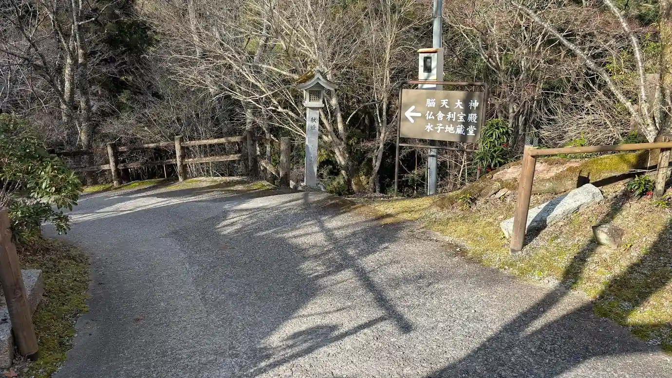 金峯山寺から脳天大神へ向かう下り坂の道中にある、茶色い案内看板。「脳天大神」への方向を示す左向きの矢印が描かれている。