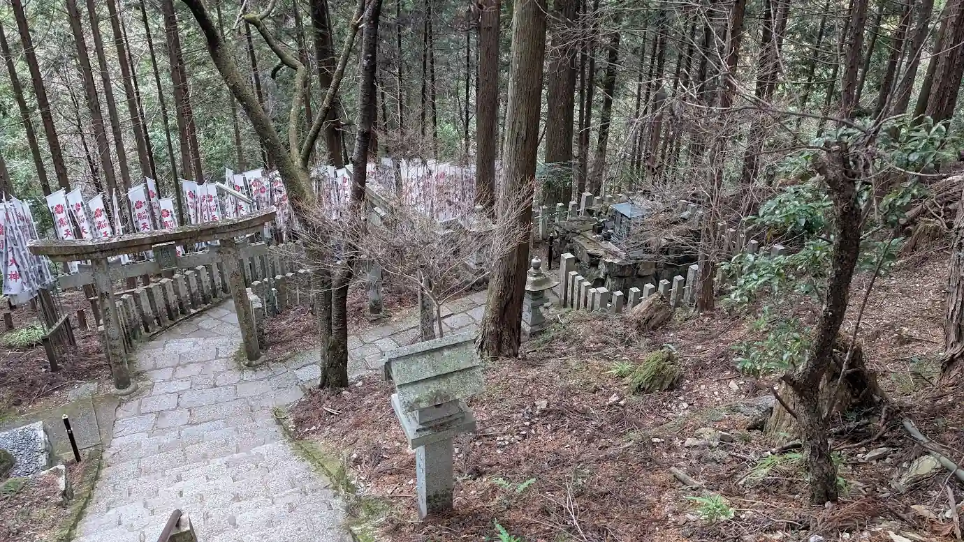 金峯山寺から脳天大神へと下る急な石段の参道。深い森の中に立ち並ぶ石鳥居と、奉納された無数の白い「脳天大神」のぼり旗が神秘的な空間を演出している風景。