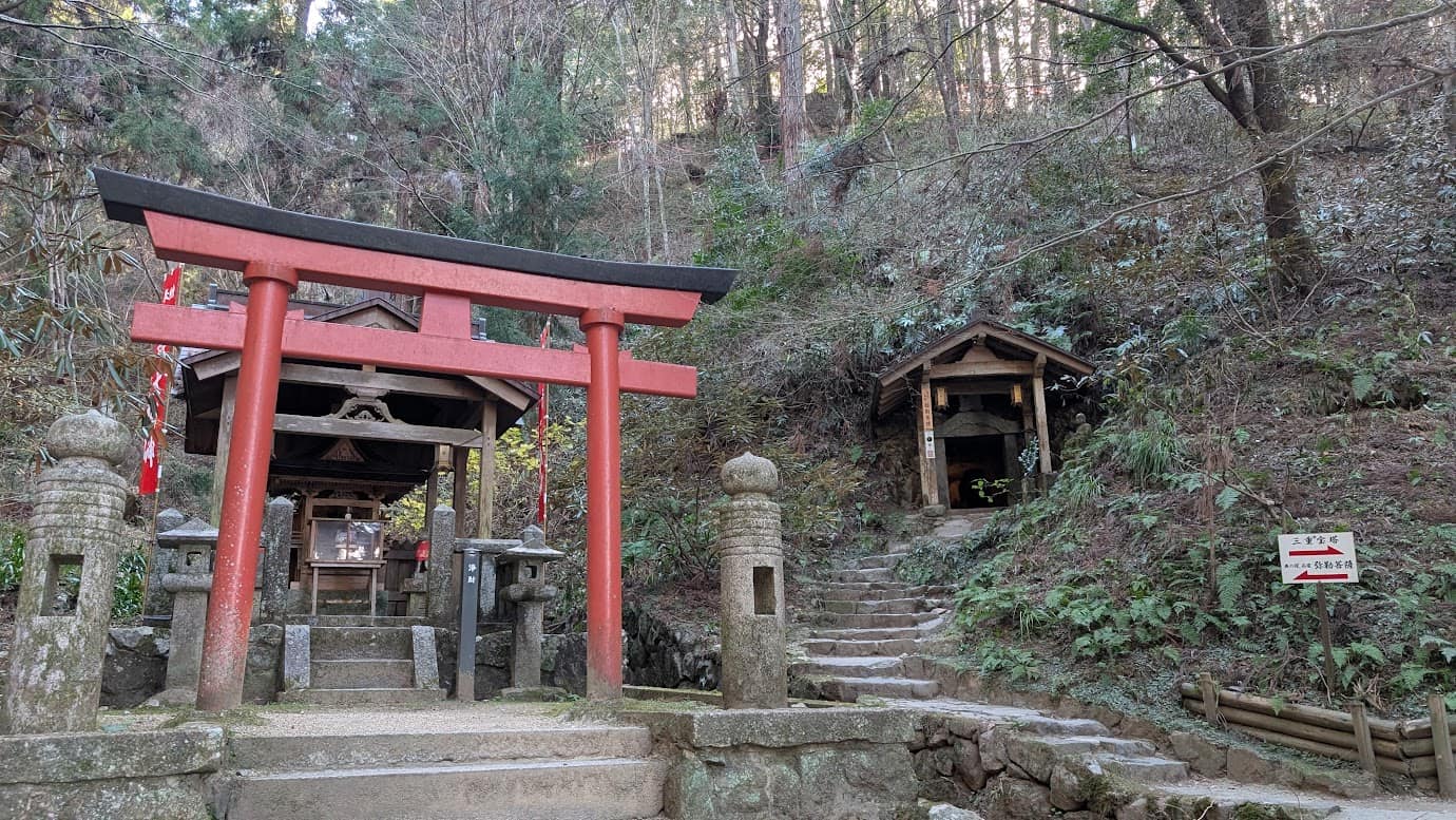 奈良県明日香村、岡寺の奥の院。左側には赤い鳥居がある稲荷明神社の社があり、右側の斜面には弥勒菩薩を祀る石窟の入口が見える。周囲は深い森に囲まれ、石段で結ばれた静謐な聖域の風景(2026年1月撮影)。