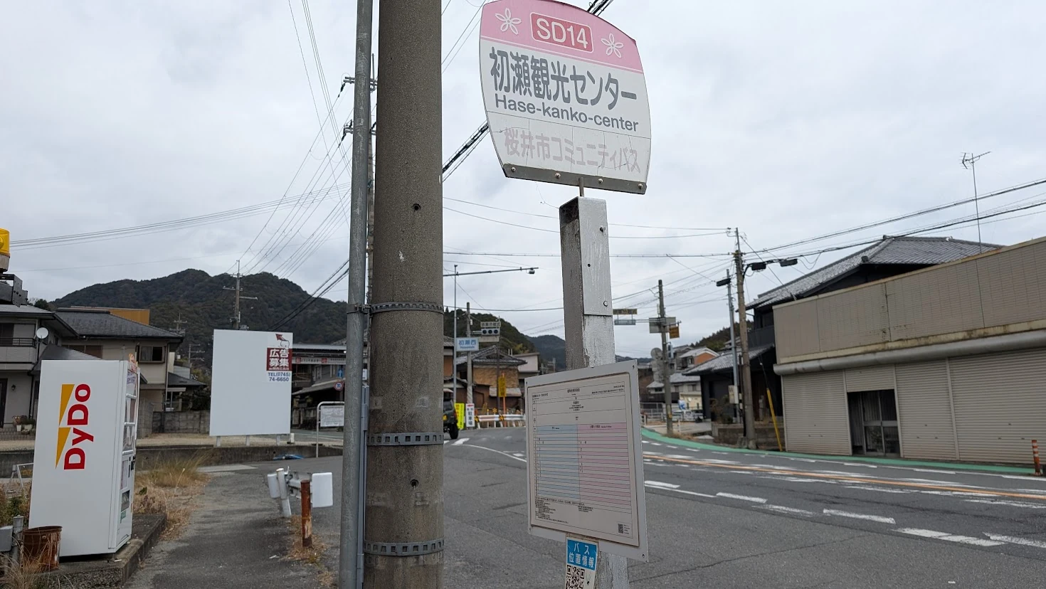 長谷寺の最寄りバス停「長谷寺参道口」の標識。背景には冬の山々と道路が写っており、バス停の時刻表が確認できる風景。