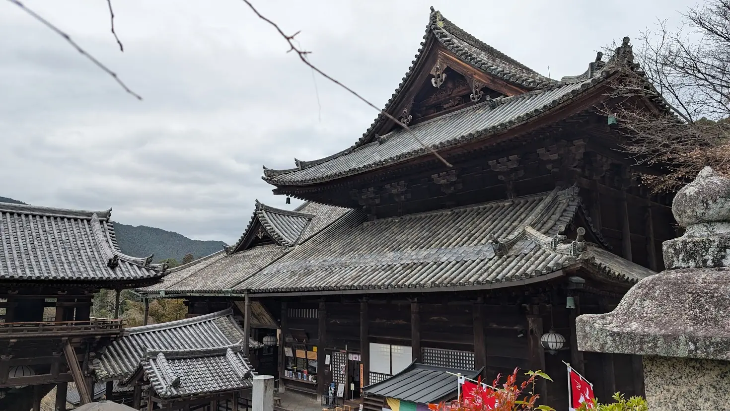 奈良県桜井市・長谷寺の国宝本堂と、その左側に建つ重要文化財の鐘楼。複雑に重なり合う重厚な瓦屋根と、冬の静かな山あいの風景。