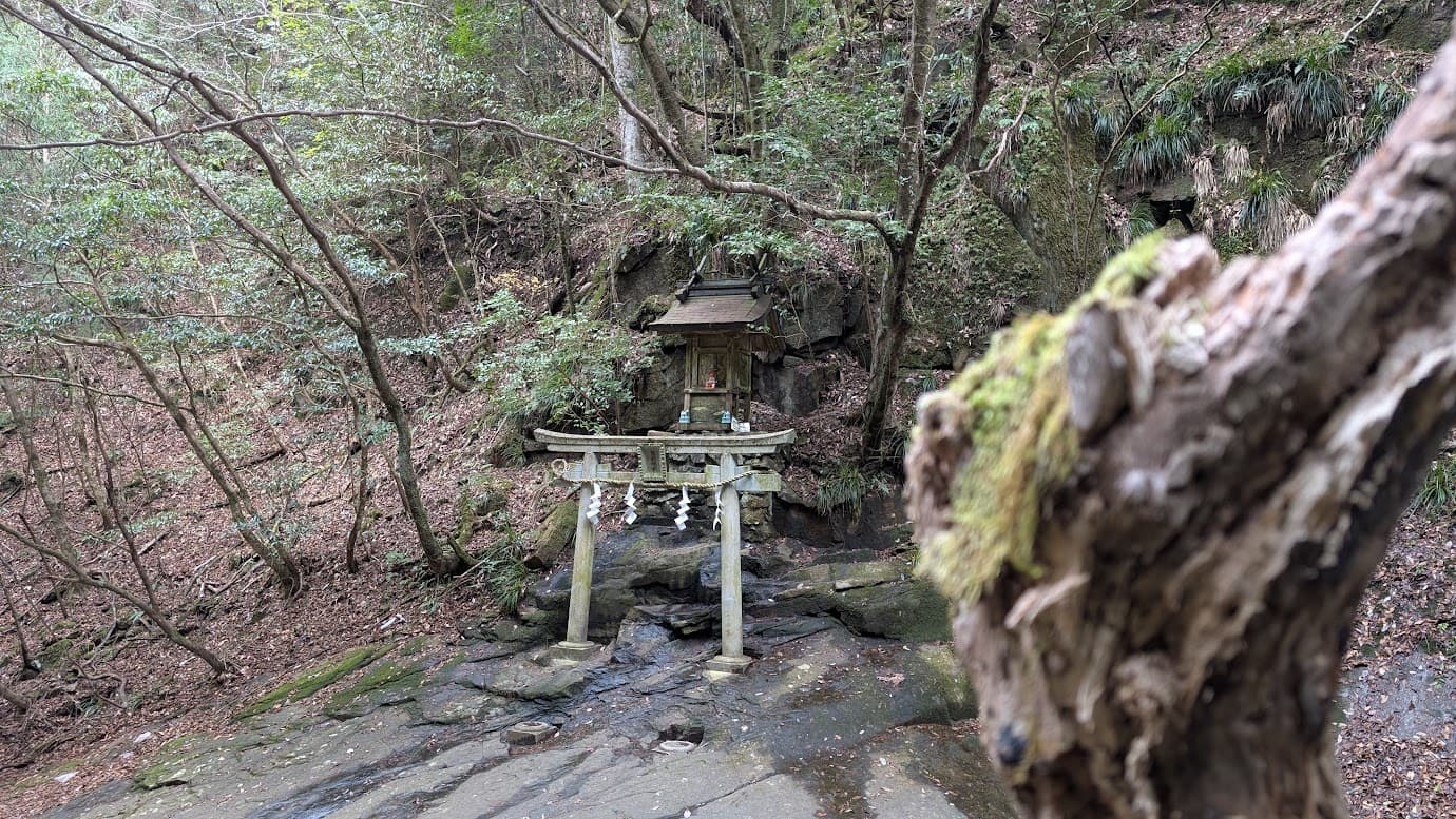 奈良県宇陀市の龍鎮神社。手前に岩肌の質感を捉え、その奥の深い森の中に石鳥居と小さな本殿の祠が静かに佇んでいる遠景。