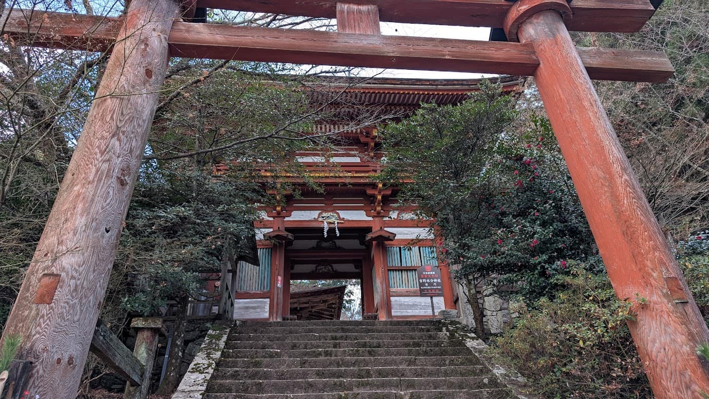 奈良県吉野町、世界遺産・吉野水分神社の楼門。朱塗りの二層造りの門で、手前には急な石階段があり、両側を冬の樹木と椿の花が囲んでいる。重要文化財に指定された壮麗な建築様式(2026年1月撮影)。