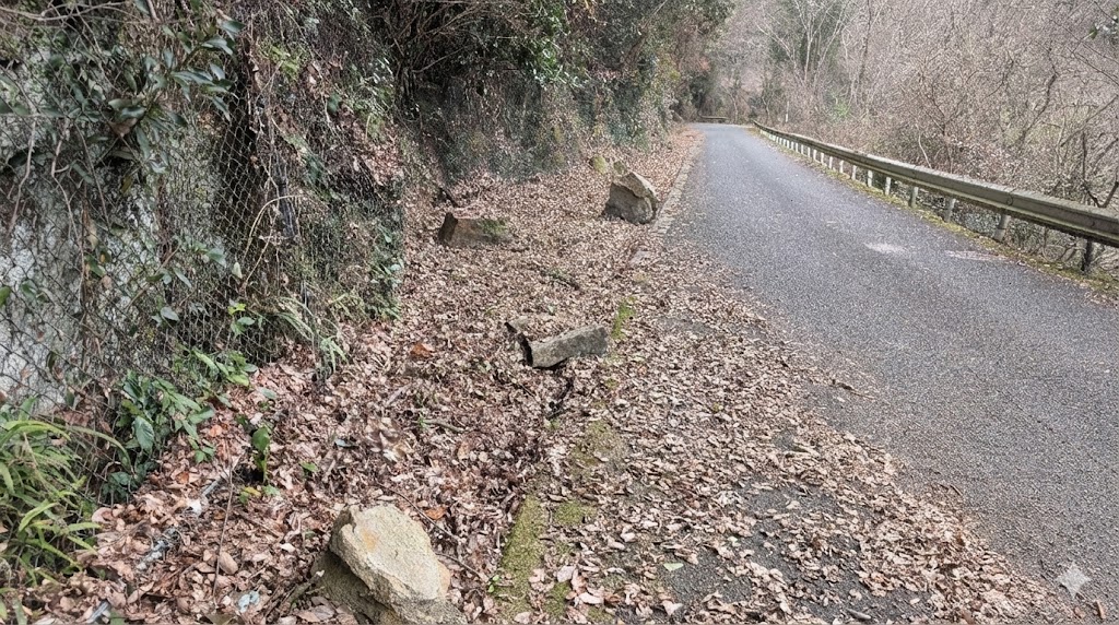 奈良県宇陀市の竜鎮神社へ続く、車一台分ほどの狭い未舗装の林道。路面には大小の落石が散乱しており、車の通行が非常に危険であることを示している。