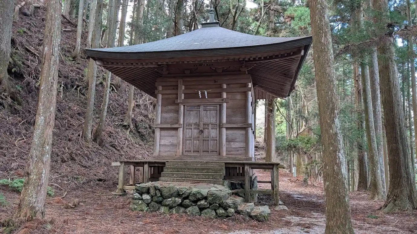 反対側の斜面から見た、深い杉林の中に凛と佇む義経隠塔の姿