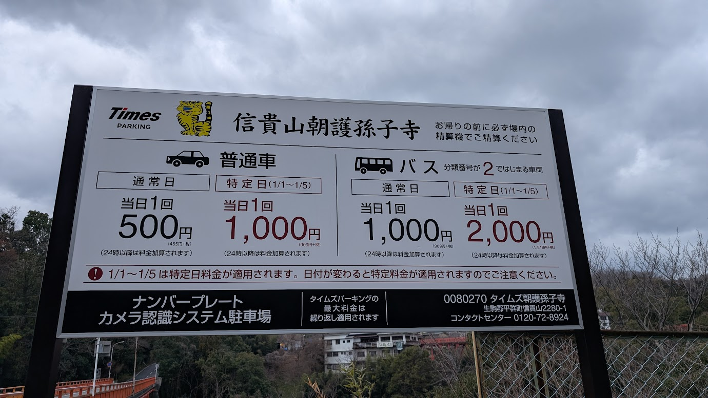 信貴山朝護孫子寺の公式駐車場（タイムズ朝護孫子寺）の料金案内看板。普通車1日500円、バス1,000円、特定日の案内などが記載されている。
