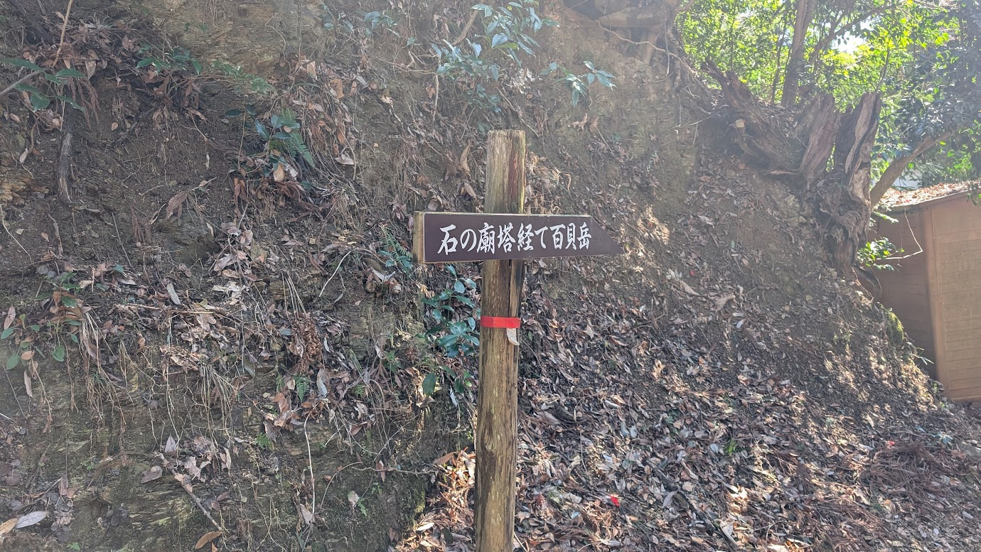 鳳閣寺の境内にある木製の案内板。「石の廟塔経て百貝岳」と書かれており、右方向を指している。背景には急な斜面と落ち葉が積まった山道が見える。