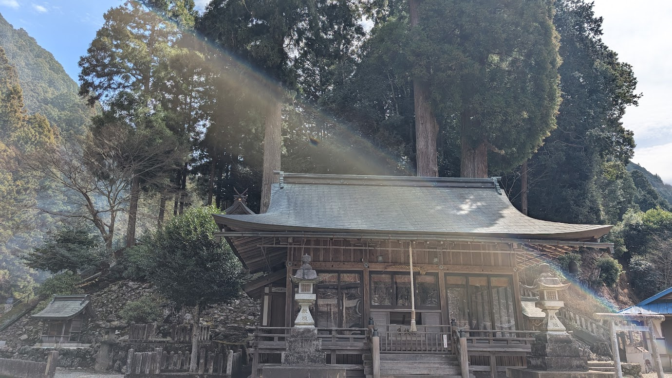 奈良県黒滝村の河分神社。木漏れ日が差し込む苔むした境内に、素朴な木造の拝殿が立っている。拝殿の背後には、二本の巨大な夫婦杉がそびえ立っており、周囲は深い森に囲まれている。