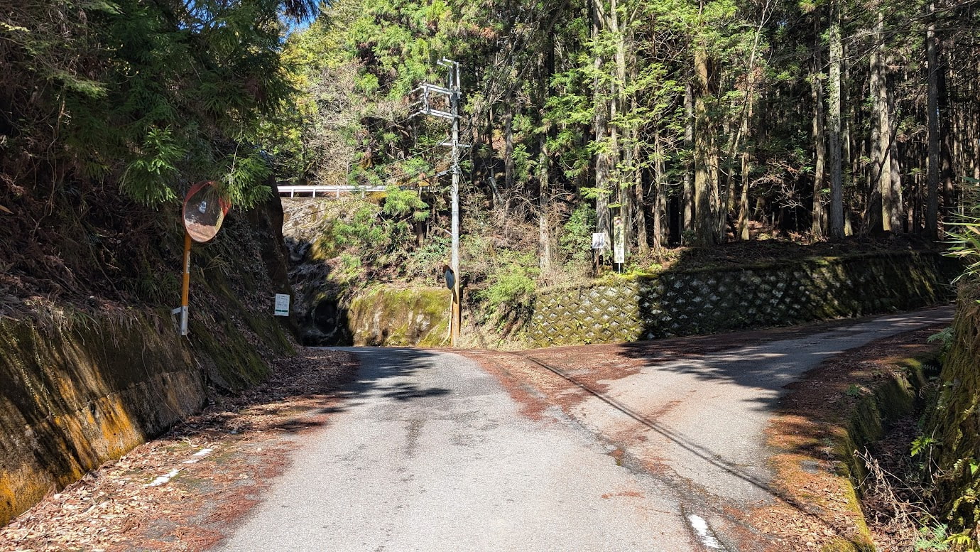 奈良県黒滝村、鳥住春日神社と鳳閣寺へ向かう最後の分岐点。道幅が非常に狭くなり、右側は急な上り坂、左側は下り坂になっている。周囲は深い木々に囲まれた険しい山道。