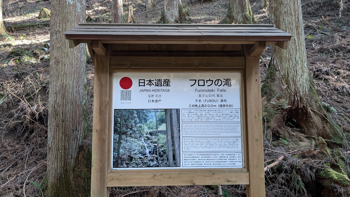 奈良県黒滝村にある日本遺産「フロウの滝（不老の滝）」の解説看板。木製の屋根付き掲示板に、盤珪禅師の修行エピソードや滝の全景写真、徒歩5分の案内が書かれている。背景には巨大な杉の木々がそびえ立っている。