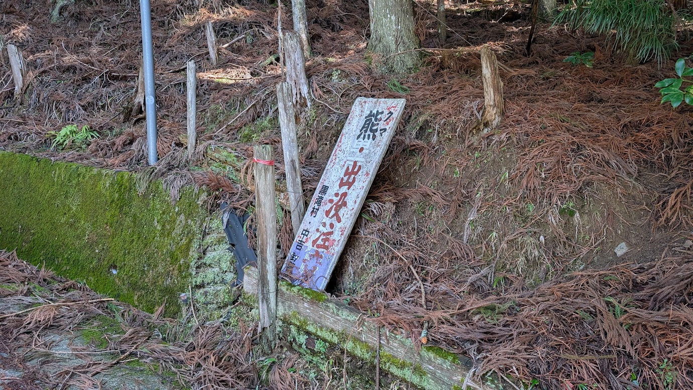 奈良県黒滝村の山道にある、古びた「熊出没注意」の看板。白地に赤い文字で書かれ、周囲は深い杉の枯れ葉と苔むした土留めに囲まれている。
