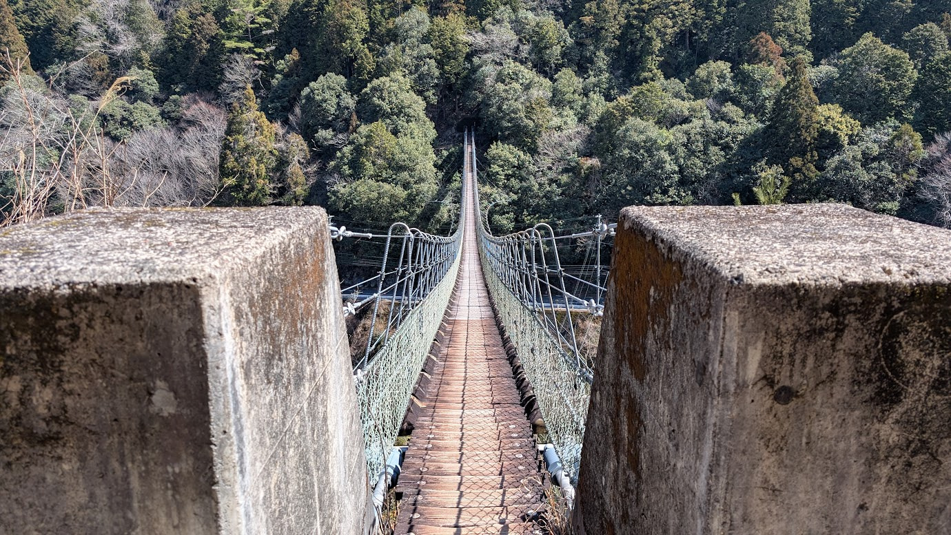 奈良県黒滝村にある黒滝吊橋を正面から捉えた写真。コンクリートの主塔の間から細長い木製の吊り橋が山あいに伸びており、周囲には深い緑の木々が広がっている。