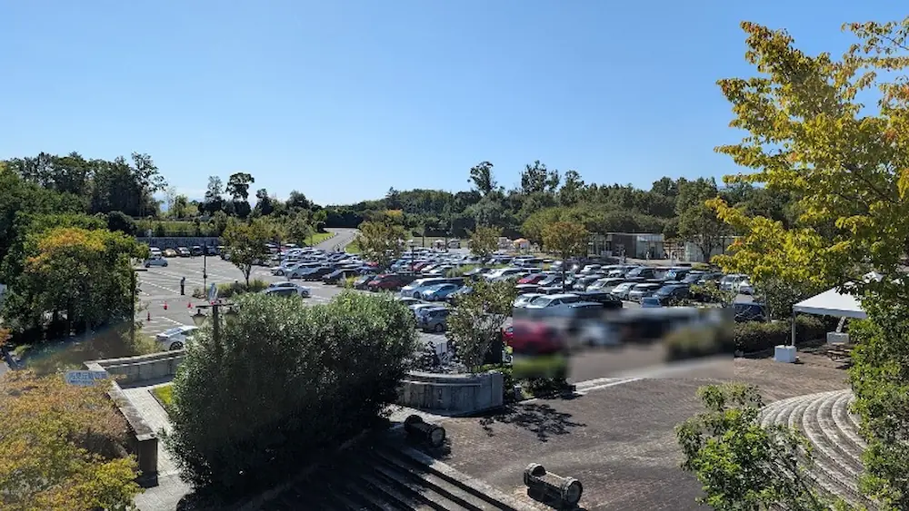 青空の下、馬見丘陵公園の北駐車場において、午前中の時点で多くの車が駐車され混雑している様子。