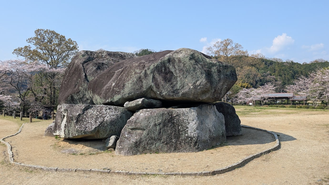 奈良県明日香村、石舞台古墳の背面（後ろ側）からの全景。巨大な石室を構成する岩が積み上げられ、手前には整備された砂利の縁取りがある。背景には満開の桜と飛鳥ののどかな山並みが広がる風景（2026年3月30日撮影）。