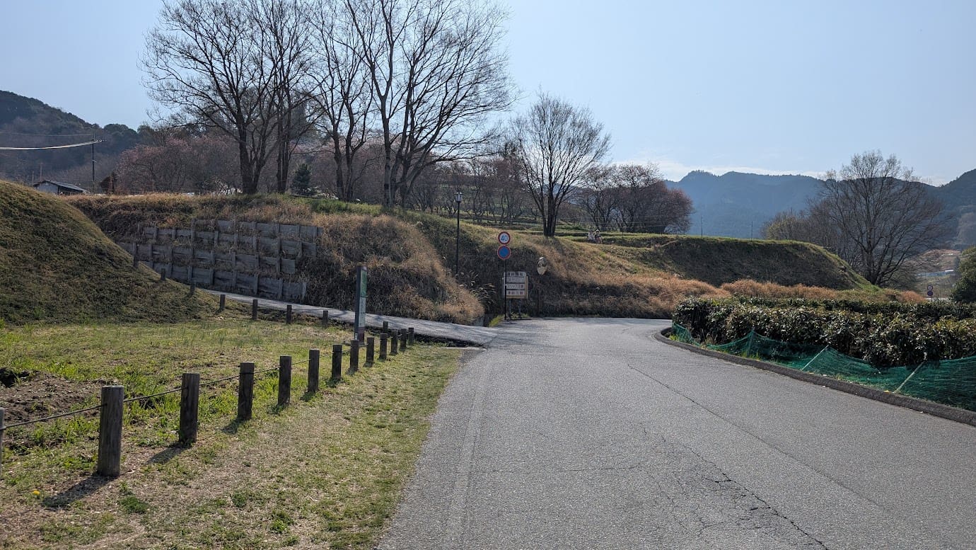 奈良県明日香村、石舞台古墳を一望できる高台のビュースポット。多くのカメラマンが三脚を立てて撮影しており、横にはゆっくりと景色を楽しめるベンチも設置されている風景（2026年3月30日撮影）。