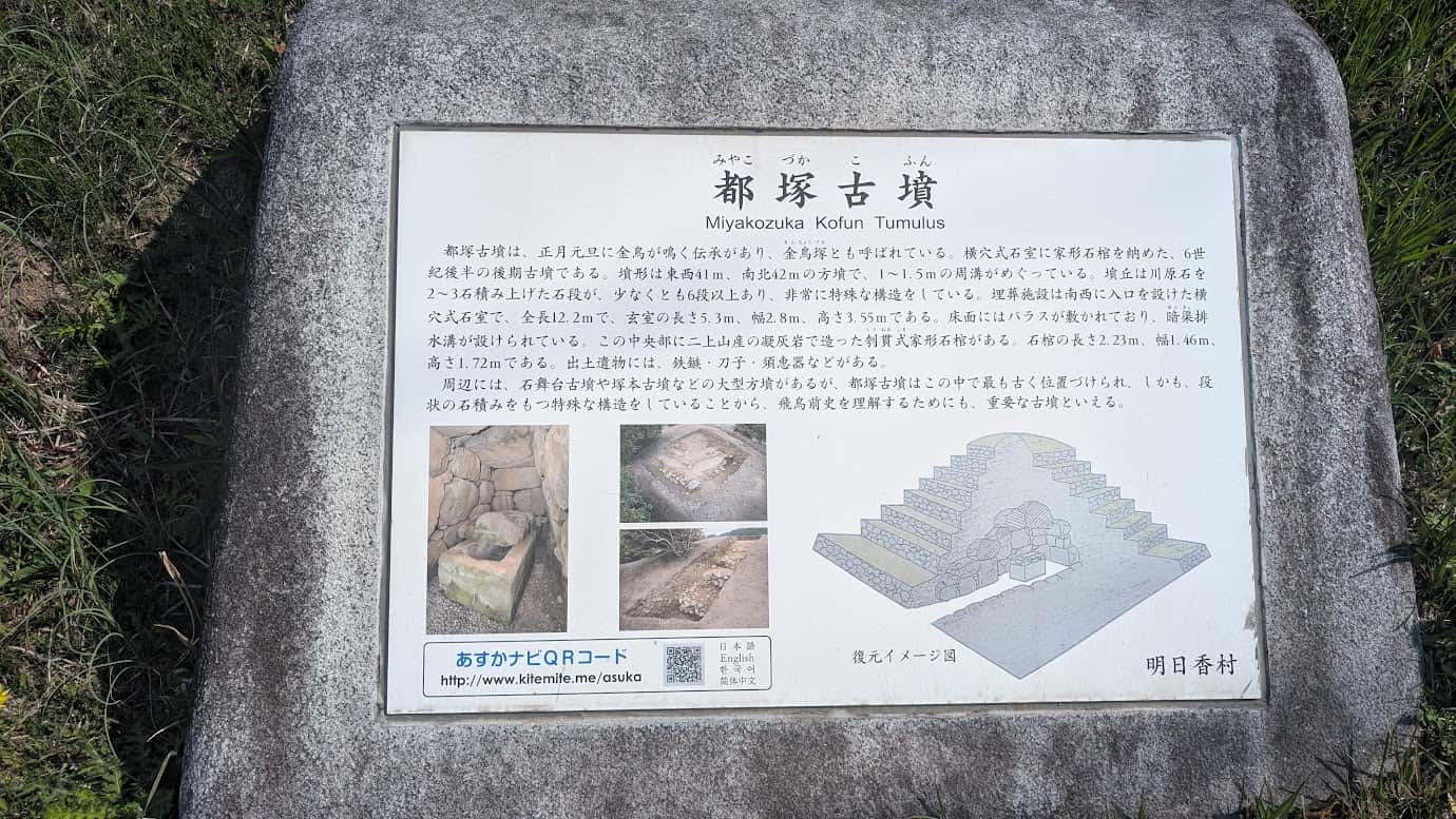 奈良県明日香村、都塚古墳の公式案内板。古墳の概要、階段状の石積み構造、石室のサイズ(全長12.2m)、出土した家形石棺などの詳細が日本語・英語等で解説されている。右下には階段状ピラミッドの復元イメージ図が掲載されている(2026年3月30日撮影)。