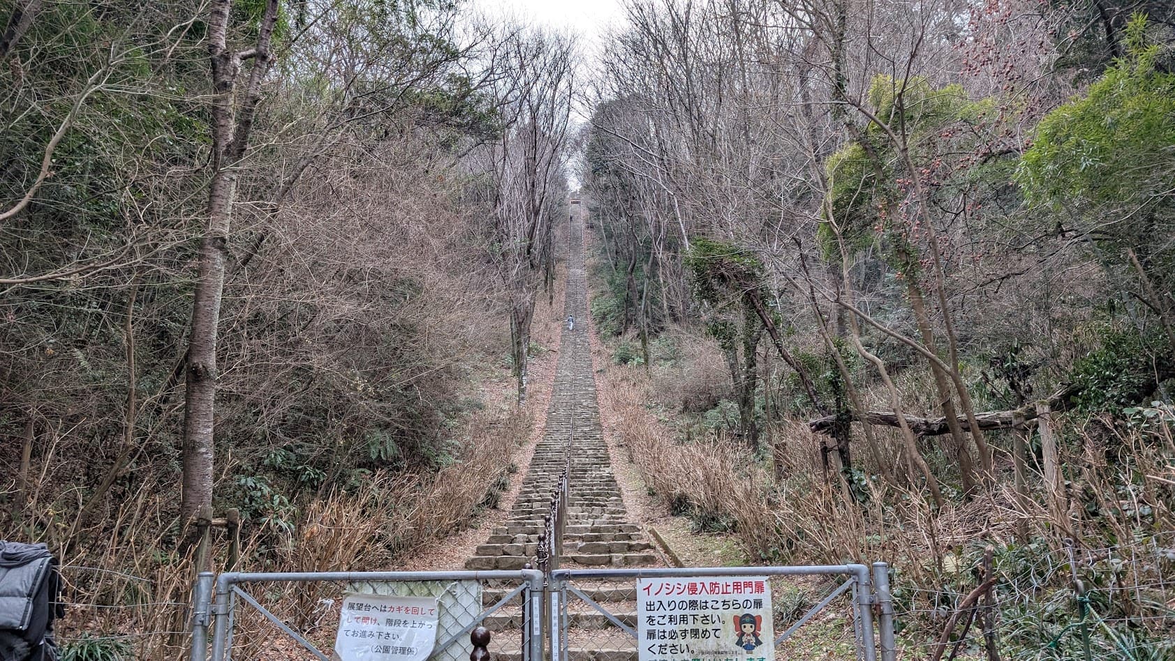 奈良 二上山ふるさと公園の456段続く石階段。展望台へと真っ直ぐに伸びる、急勾配で迫力のある石段の全景