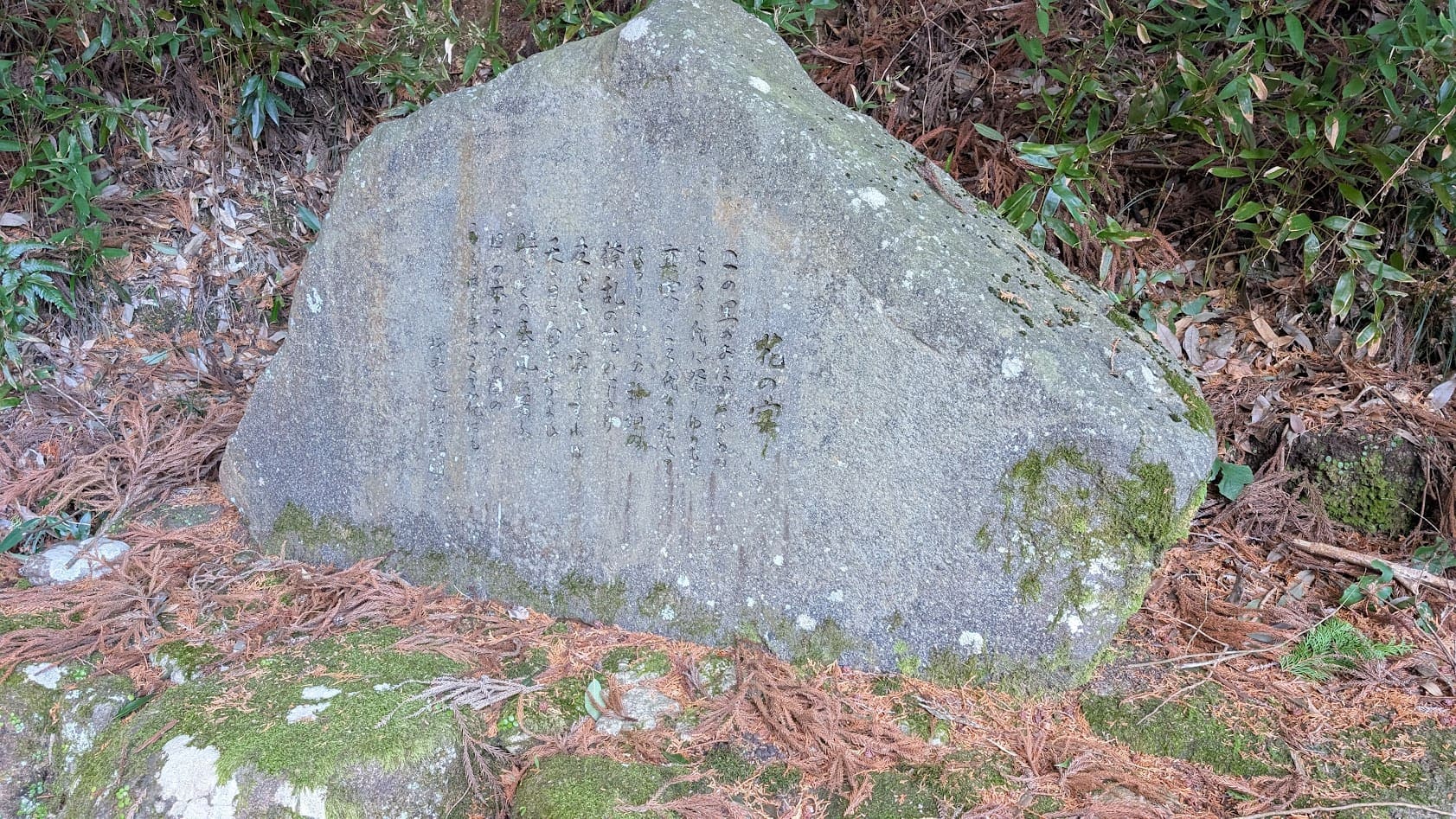 瀧蔵神社の境内にひっそりと立つ、源氏物語「花の宴」にちなんだ歌が刻まれた石碑。
