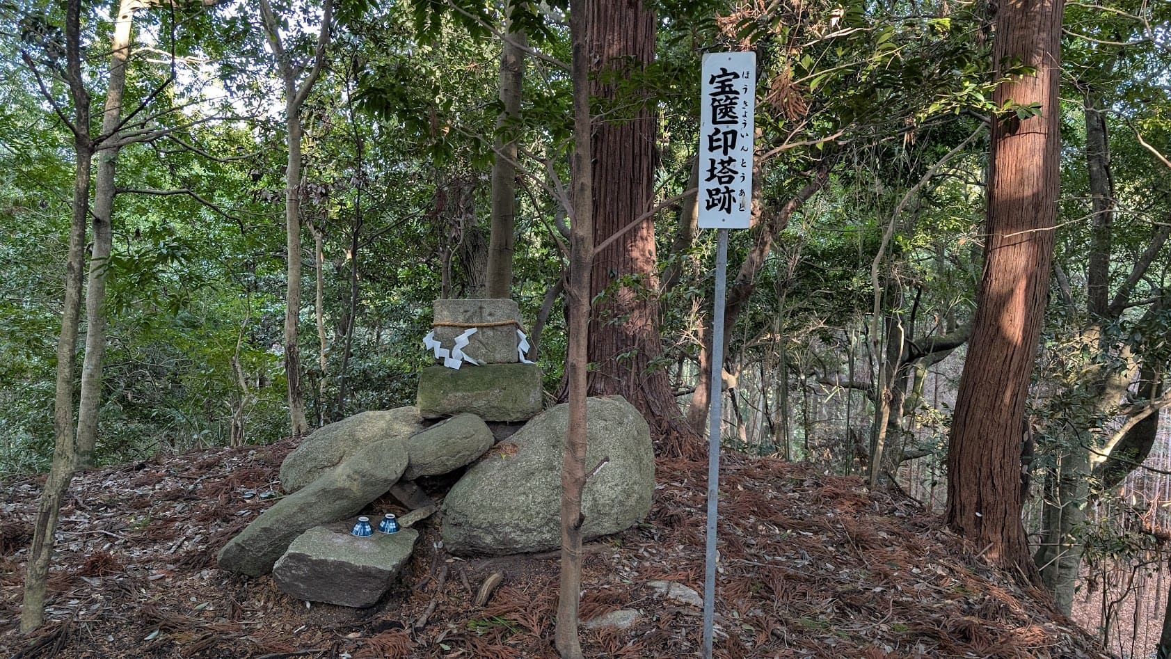 瀧蔵神社の境内に立つ、苔むした古い石造りの宝篋印塔。周囲の巨木と調和した荘厳な全体像