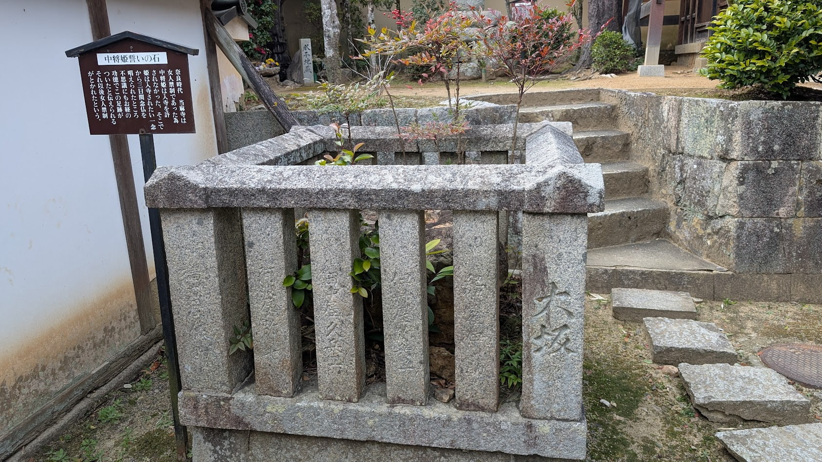 奈良 當麻寺(たいまでら)にある中将姫誓いの石。曼荼羅完成を祈願し、石に刻まれたと伝わる中将姫の足跡