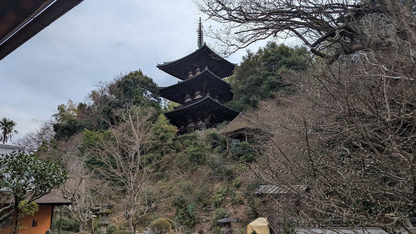 奈良 當麻寺(たいまでら)中之坊の名勝庭園『香藕園(こうぐうえん)』から望む国宝・東塔。池に映る緑と歴史的建築の調和