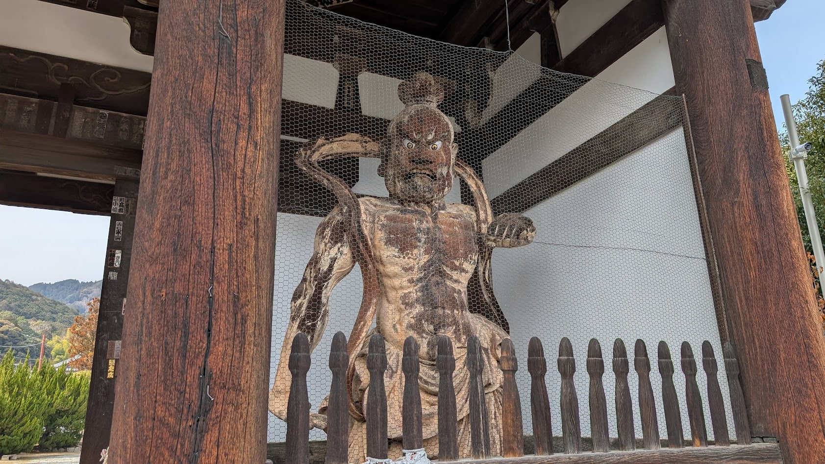 奈良 當麻寺(たいまでら)仁王門に鎮座する金剛力士像(阿形像)の力強い表情と歴史的造形.。