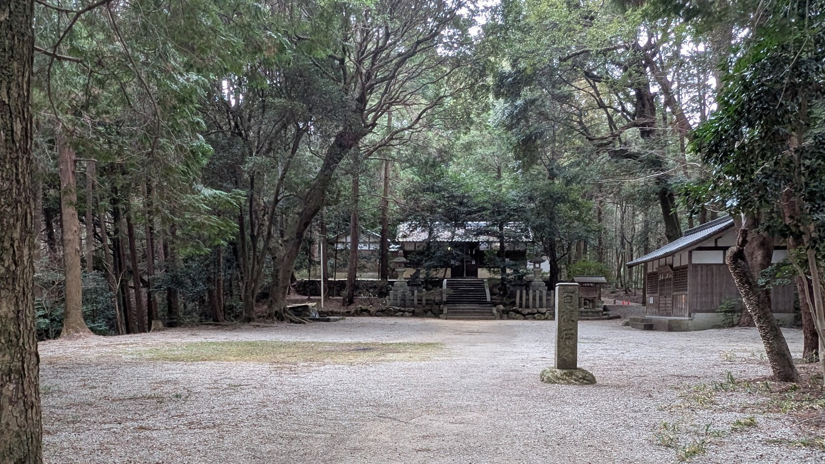 奈良 當麻山口神社の本殿と境内全景。深い杜の木々に囲まれ、静寂の中に佇む歴史あるお社