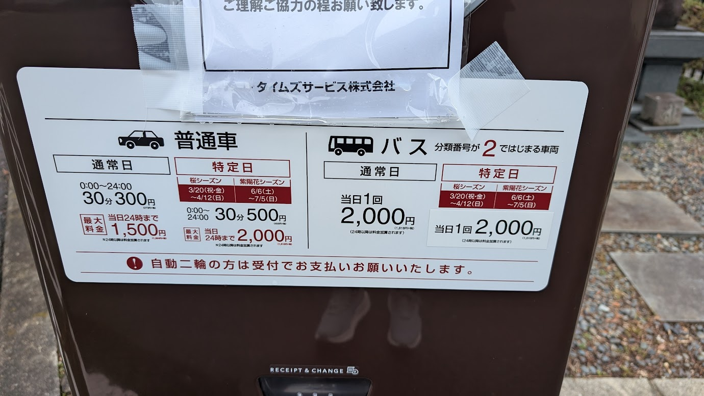 2026年3月5日からの奈良・壷阪寺の駐車場料金表。料金案内板。
