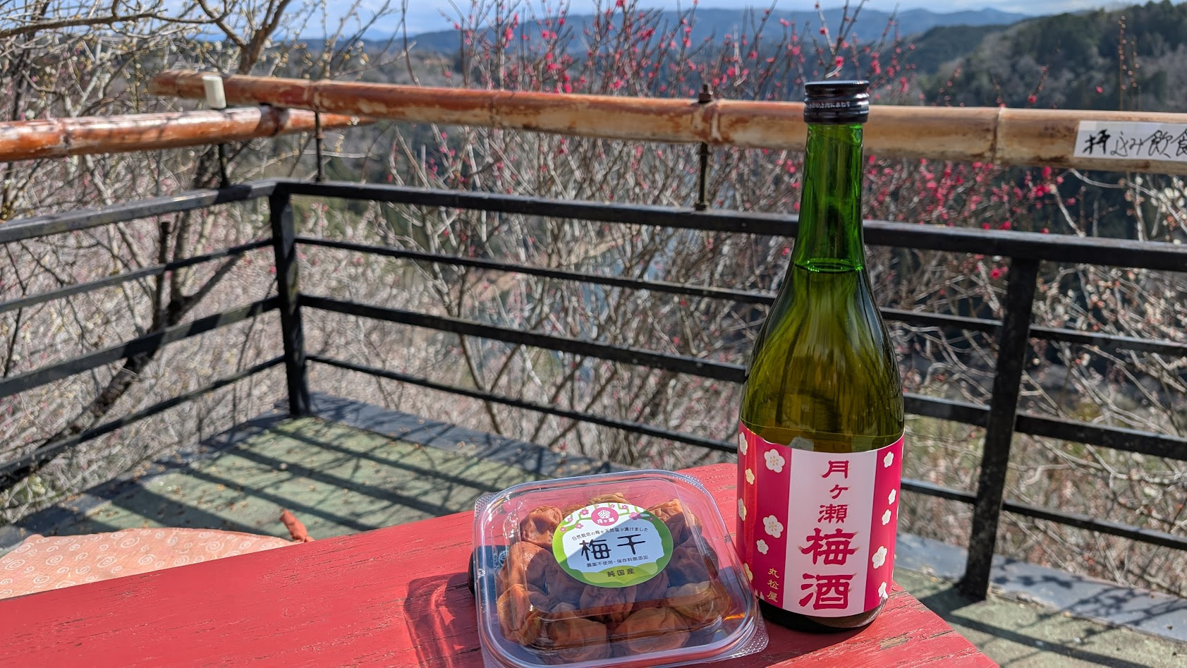 奈良県・月ヶ瀬梅林で手に入れた、伝統的な製法の無添加梅干しと、現地限定の月ヶ瀬梅酒のボトル。