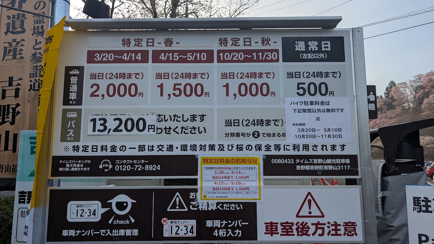 奈良県吉野山の観光駐車場（タイムズ吉野山観光駐車場）の料金表看板。春の特定日（3/20〜4/14）は2,000円、秋は1,000円、通常日は500円など、時期によって細かく設定された駐車料金が記載されている（2026年3月29日撮影）。