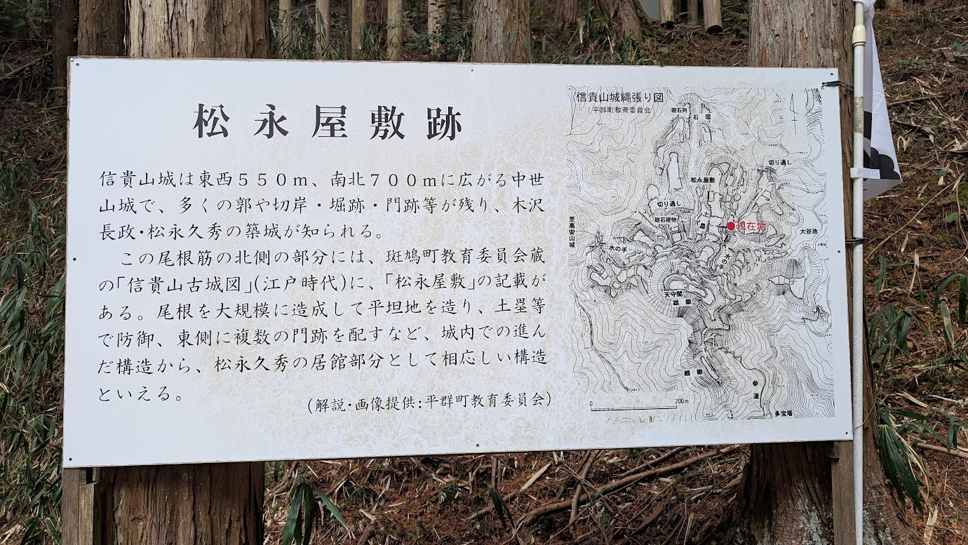 信貴山城跡にある松永屋敷跡の解説板。平群町教育委員会による解説文と、城全体の構造を示す「信貴山城縄張り図」が掲載されている。周囲は深い森に囲まれている。