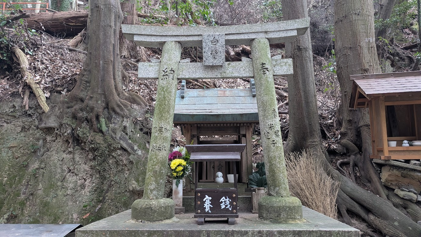 信貴山・空鉢護法堂へと続く山道の途中にある白髭神社。急な傾斜地に建つ鳥居とお社、その周囲を囲む深い木々。
