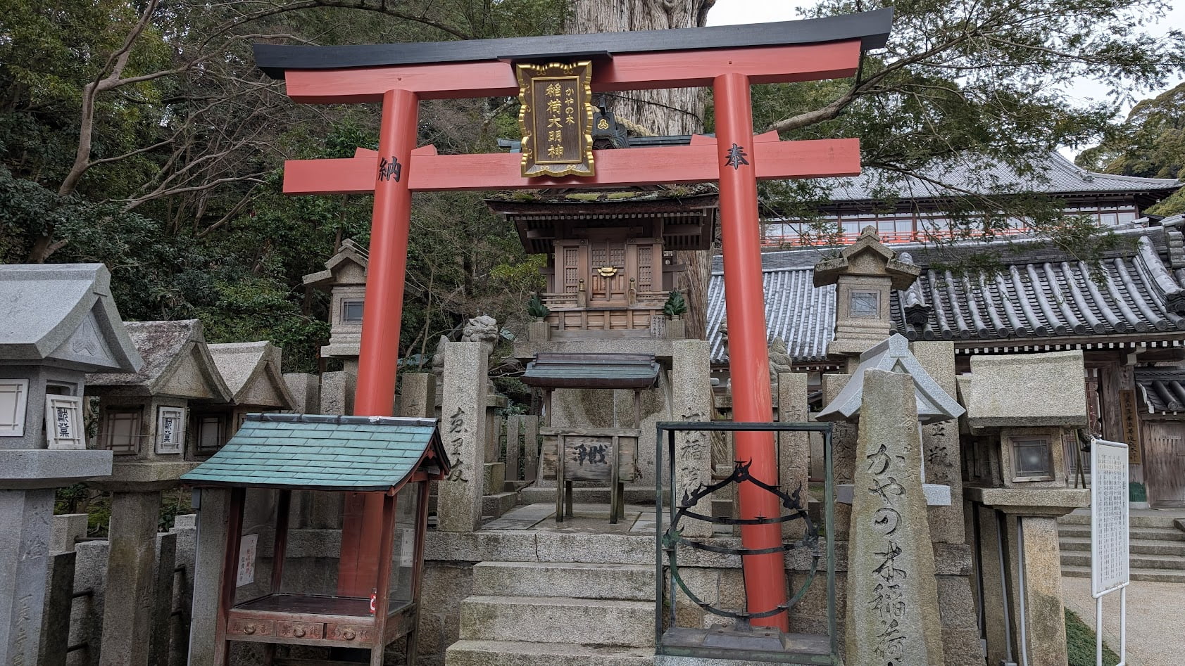 信貴山朝護孫子寺の「かやの木稲荷大明神」。立派な榧(かや)の木を背後に、朱色の鳥居とお社が並び、周囲には稲荷信仰を象徴する幟が立っている。
