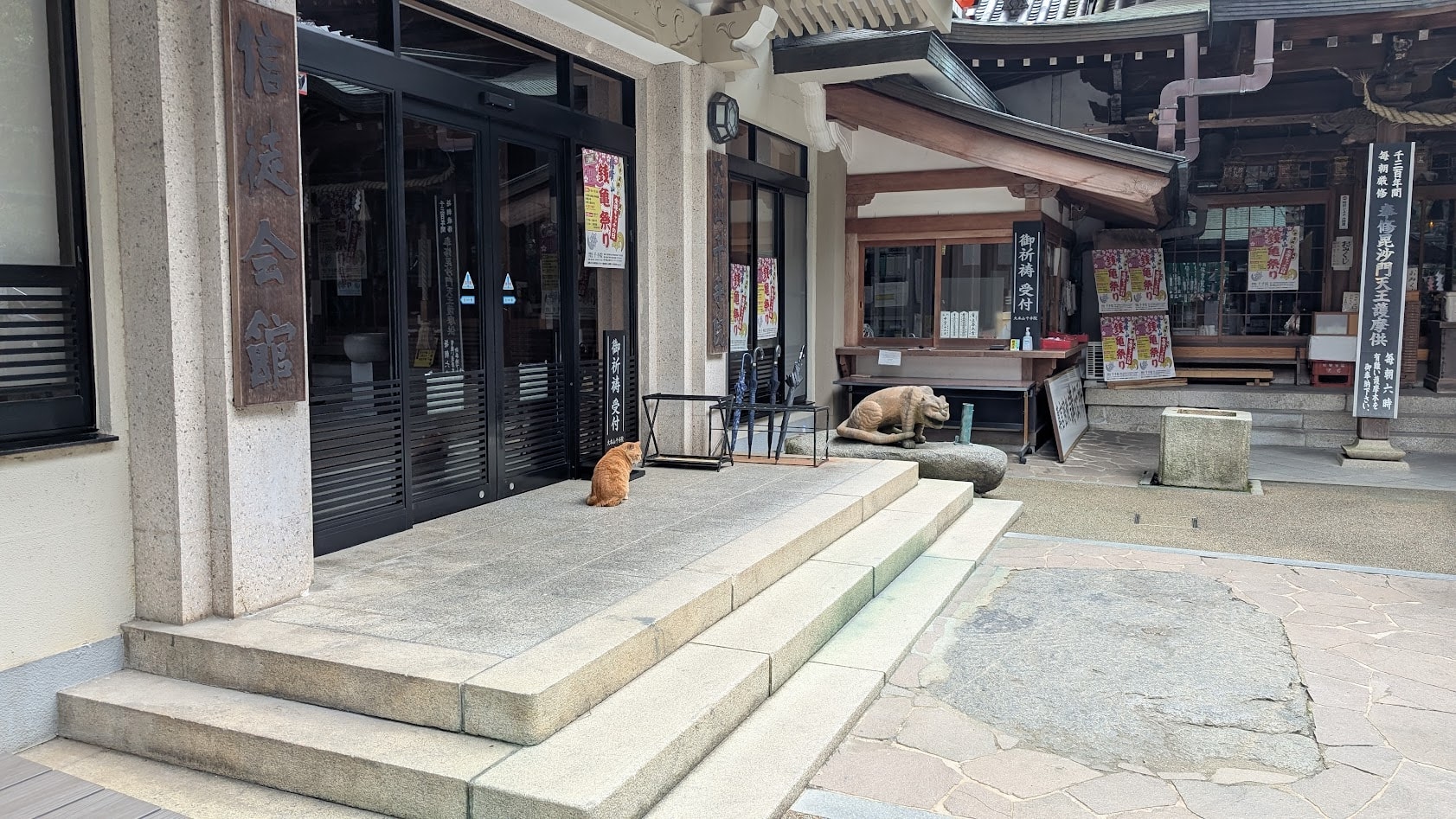 信貴山朝護孫子寺・千手院の前に座る、石造りの虎の像と、そのすぐ横に寄り添うように座る猫(野良猫)のツーショット画像。背景には千手院の入口が見える。