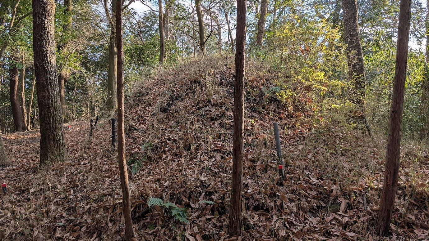 瀧蔵神社の境内、森の中に静かに佇む「黄金塚」（古墳）。苔むした石碑と木の鳥居、そして草木に覆われた円形の塚の全体像。