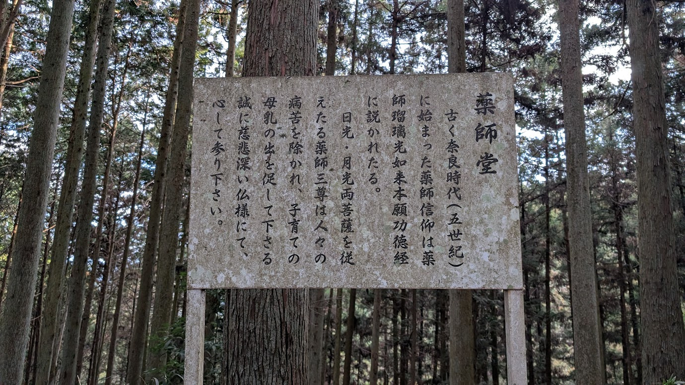 瀧蔵神社・薬師堂の歴史や御本尊（薬師如来）について詳しく書かれた立て看板。木製の枠に収められた説明書き。