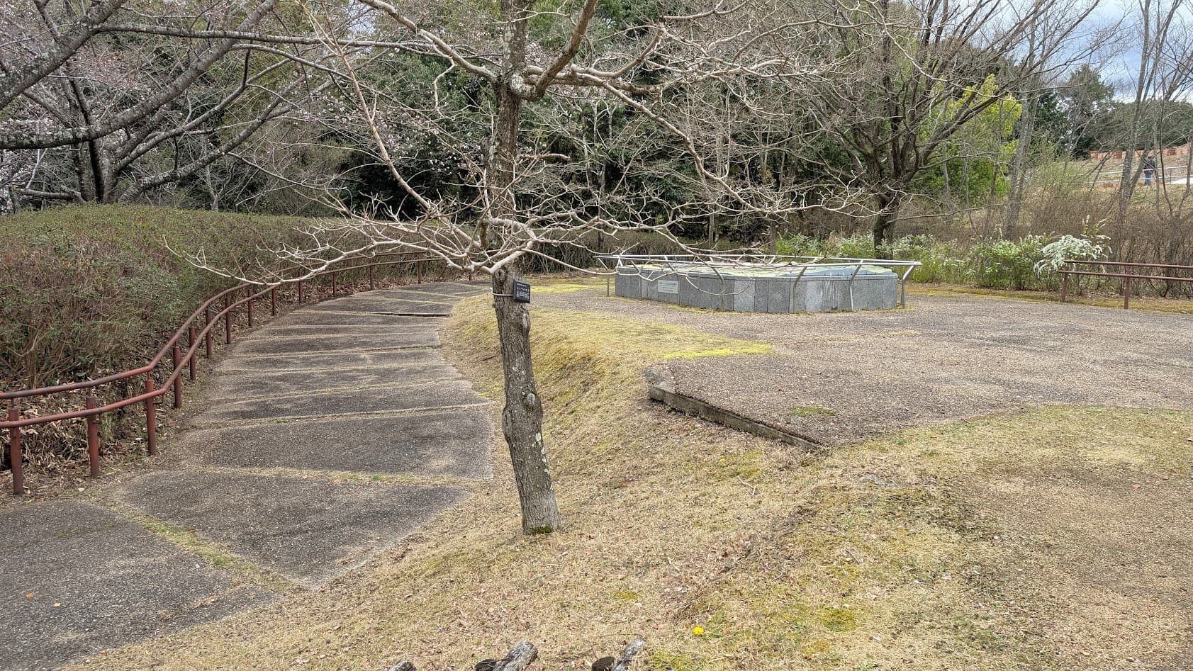 奈良県馬見丘陵公園、ナガレ山古墳の正面に位置する広場のスロープ道。緩やかなカーブを描く道には手すりが付いており、周囲には芝生と冬枯れの木々が広がっている。