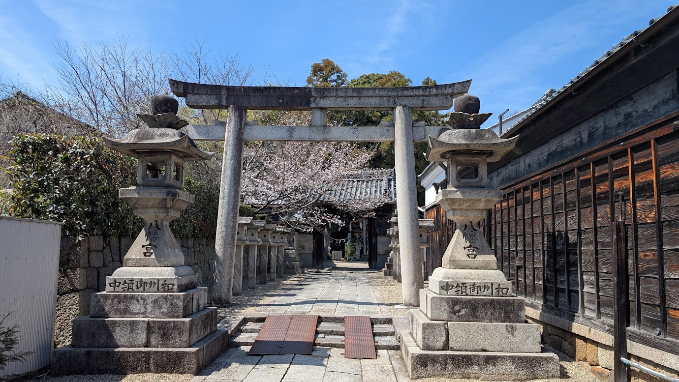 奈良県大和郡山市の郡山八幡宮。石造りの大きな鳥居と左右の石灯籠、奥には咲き始めた桜の木と拝殿が、青空の下で静かに佇んでいる。