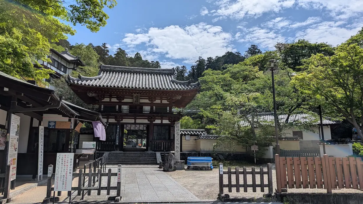 晴天の下、鮮やかな新緑に囲まれた岡寺の歴史ある仁王門（重要文化財）