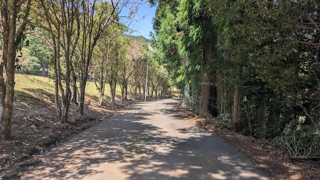 奈良県下北山村、明神池の周遊歩道沿いの風景。左手には綺麗に整備された芝生(ゴルフ場)の緑が広がり、奥には青々とした山々が連なる開放的な景色。