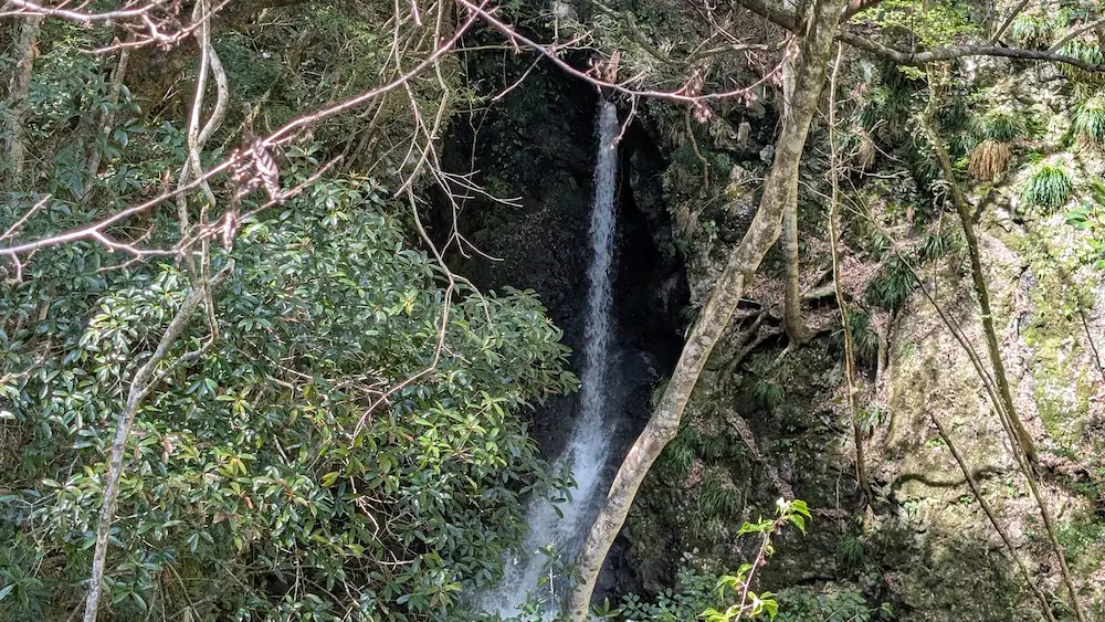 不動七重の滝へ向かう途中の道路脇に見える、名もなき美しい滝の風景。