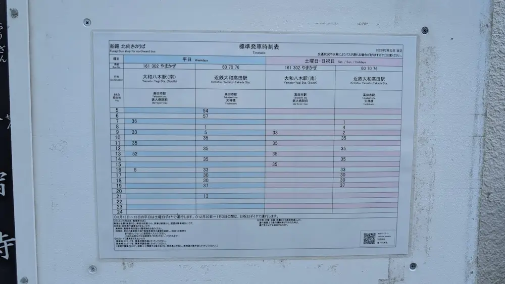 船宿寺の最寄バス停「船路」の時刻表。大和八木駅(南)方面および近鉄大和高田駅方面の運行時間が記載されている