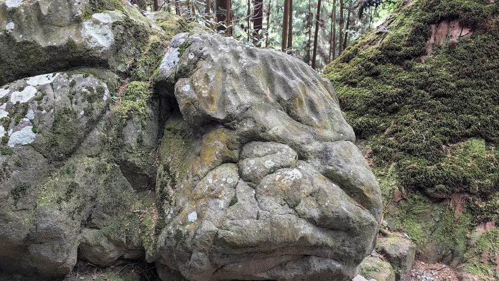 奈良・室生寺の奥之院へ続く道にある巨石のクローズアップ。表面に深い溝があり、苔や地衣類が複雑な模様を描いている
