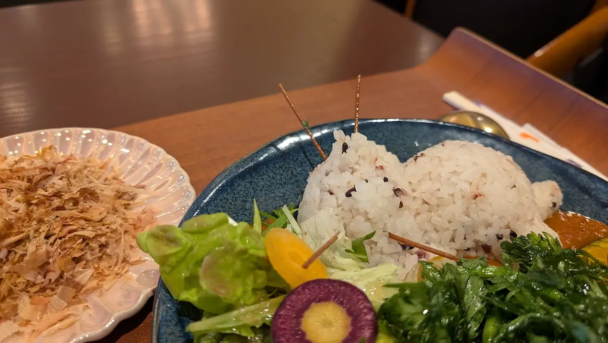 カレーの中央に盛り付けられた、耳やひげまで表現された可愛い猫の形のご飯のアップ
