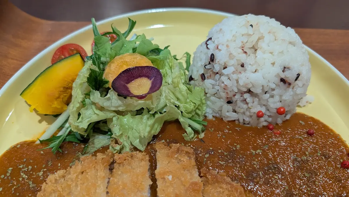 厚切りカツの上にスパイスと赤い粒(ピンクペッパー)が散らされた、カツカレーの食欲をそそるアップ写真