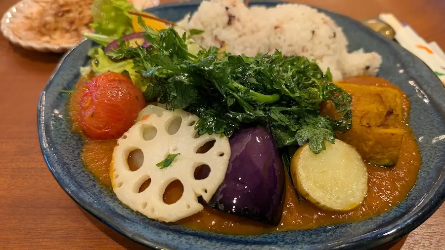 素揚げされた蓮根、茄子、カボチャ、トマトなどが色鮮やかに盛り付けられたカレーのアップ写真